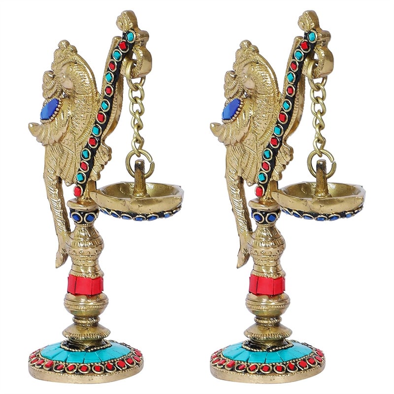 Two Moustaches Gemstone Work Peacock on Pillar Design Brass Diya Pair Brass Diyas for HomeTemple Diyas for Home Decor Brass Oil Lamp Gifts for Housewarming Multicolored Standard Pack of 2 - Image 4