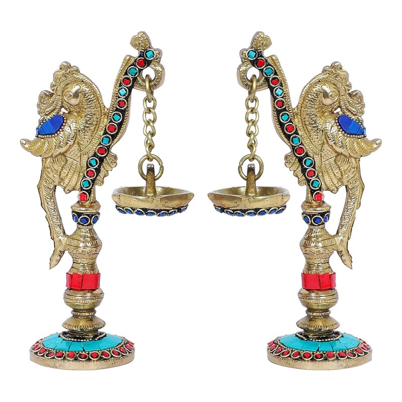 Two Moustaches Gemstone Work Peacock on Pillar Design Brass Diya Pair Brass Diyas for HomeTemple Diyas for Home Decor Brass Oil Lamp Gifts for Housewarming Multicolored Standard Pack of 2 - Image 2
