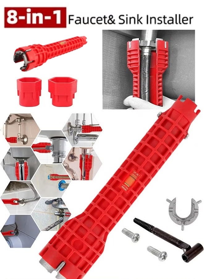 8-in-1 Professional-Grade Multifunctional Sink Wrench & Faucet Installation Tool for Plumbing Repair, Bathroom, Kitchen, and Toilet Pipe Maintenance & Assembly, Red - Image 1