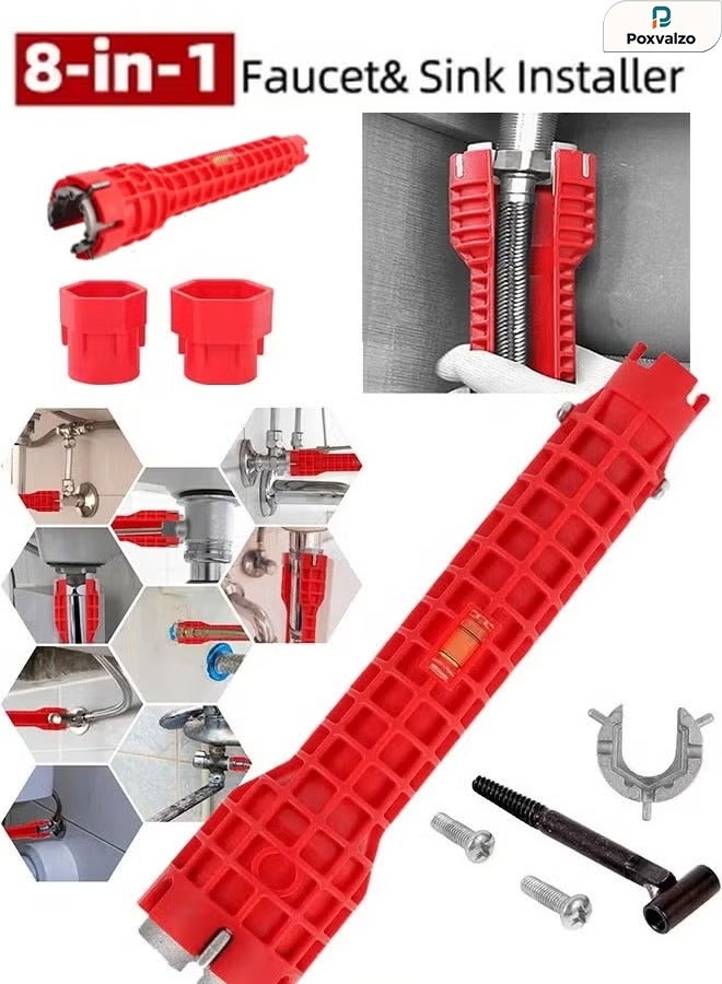 Poxvalzor 8-in-1 Professional-Grade Multifunctional Sink Wrench & Faucet Installation Tool for Plumbing Repair, Bathroom, Kitchen, and Toilet Pipe Maintenance & Assembly, Red - Image 1