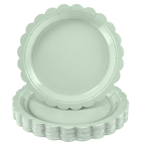 NatNarr 30 Pcs Sage Green Paper Plates 9 Inch Disposable Scalloped Sage Green Plates Cute Dessert Cake Plate Party Dinner Plate for Baby Shower Wedding Bridal Shower - Image 2