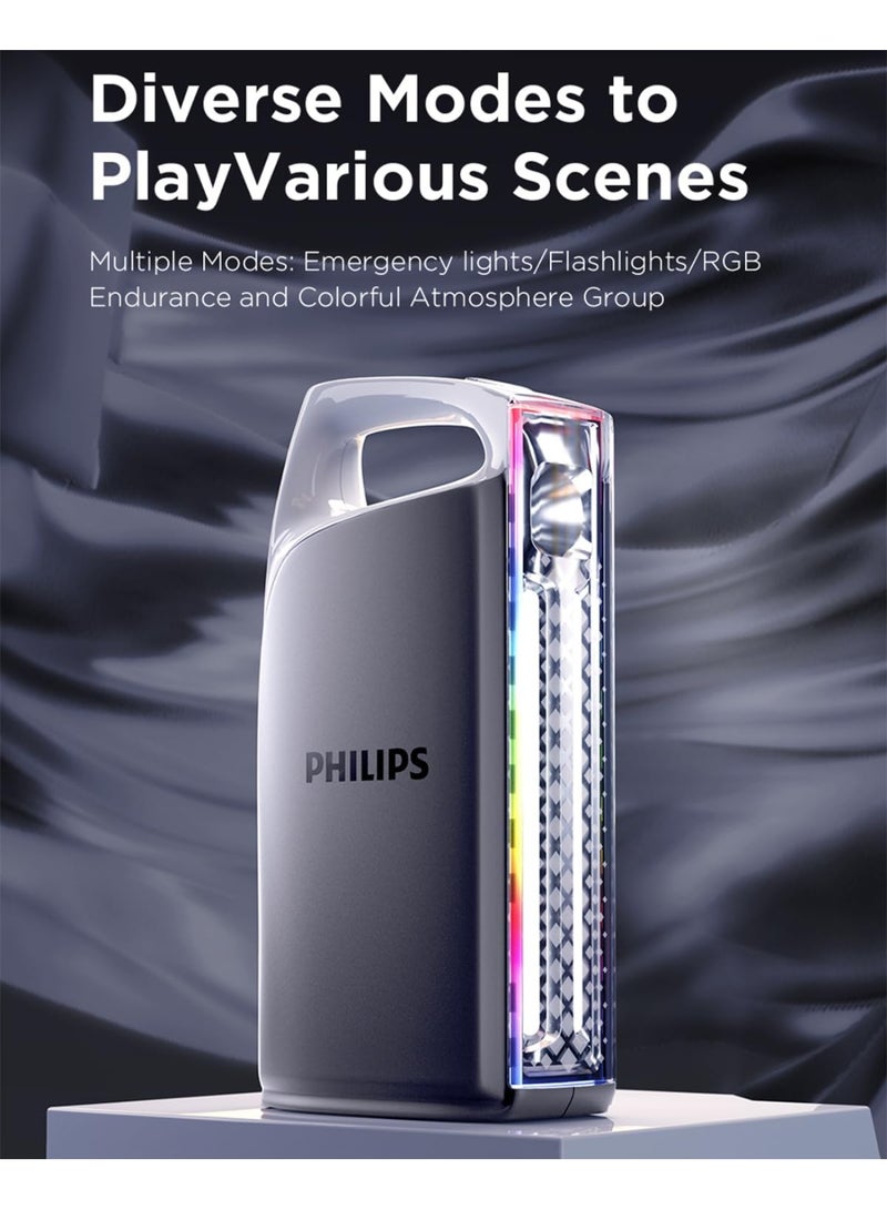Philips 10W Portable Rechargeable Emergency Lantern | 1000 Lumens Brightness | 3-in-1 Function (Flashlight / Camping / RGB Ambient Light) | 4000 mAh Battery | USB Type-C Charging | LED Indicators | Durable ABS Body | Ideal for Home, Outdoor, Camping, Hiking & Emergency black - Image 2