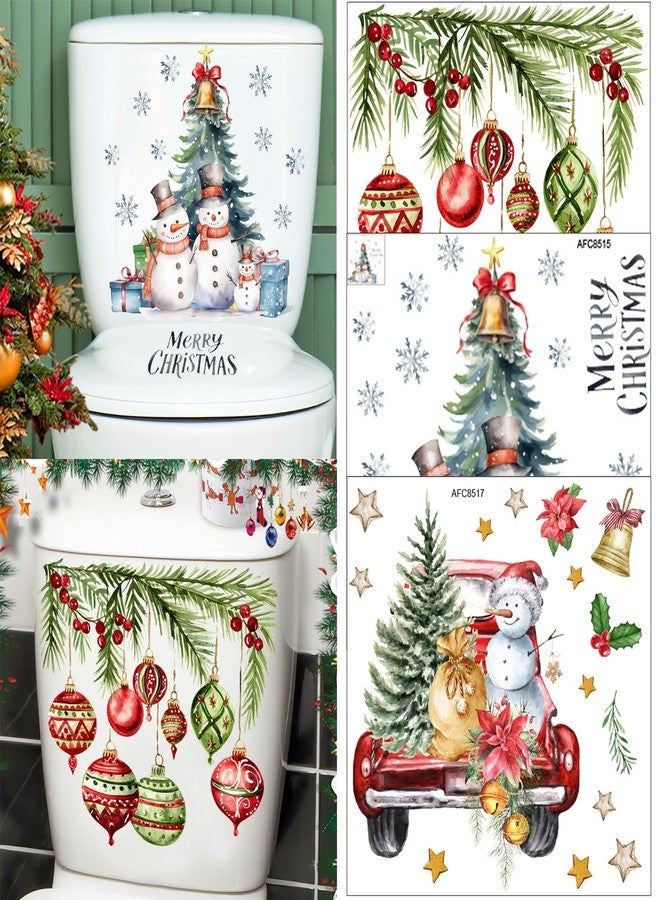 AUOCATTAIL 3 Sheets Christmas Toilet Stickers Toilet Lid Decals Xmas Tree Snowman Snowflake Colorful Bell Pattern Bathroom Wall Toilet Cover Self-Adhesive Decals Merry Christmas Home Decoration - Image 1