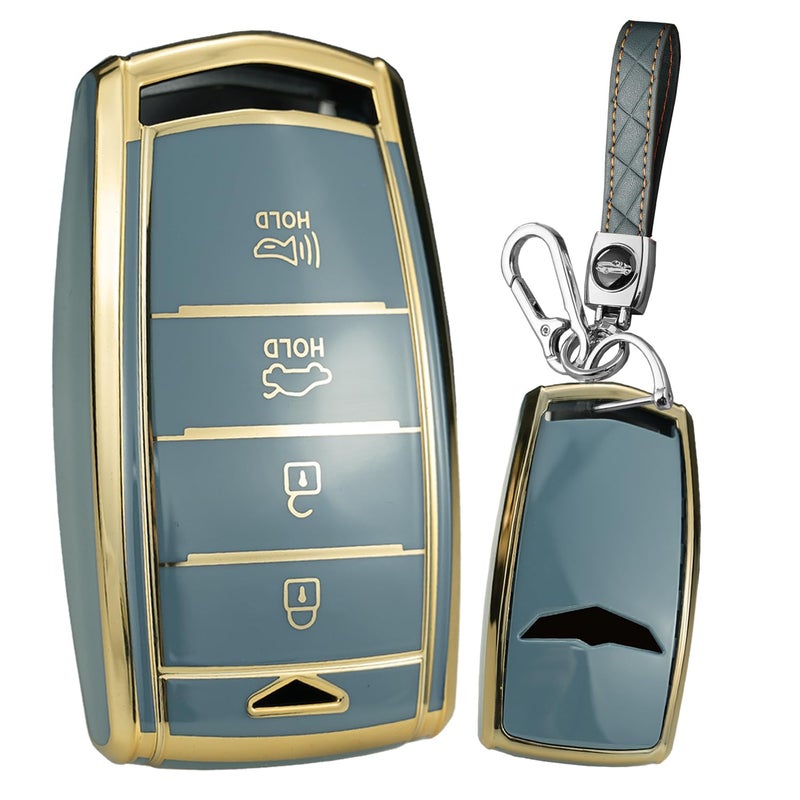 SANRILY GoldenEdge 4 Button Key Fob Cover Fit for Genesis G70 G80 G90 20172020 Keyless Full Coverd Smart Key Case with Leather Keychain GrayBlue