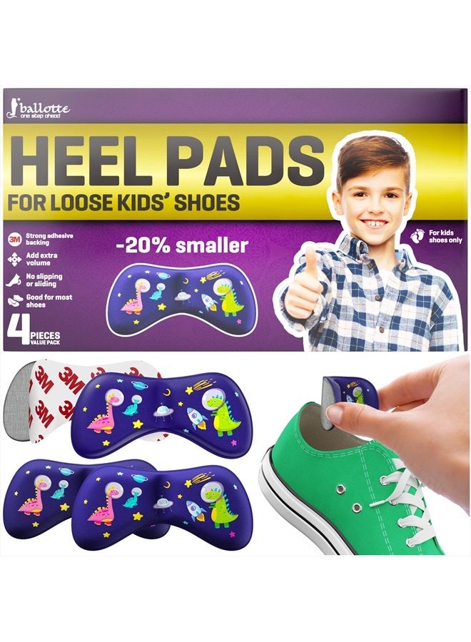 Ballotte 4 Soft Heel Pads for Loose Shoes [Kids Shoe Inserts Improve Shoe Fit] Prevent Skin Rubbing and Blister, Extra Sticky Dinosaur Heel Cushion for Girls and Boys School Shoes, Toddler Shoes - Image 1