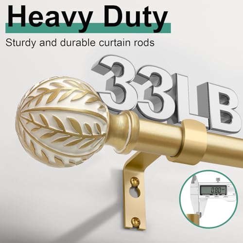 QDWIS 2 Pack Gold Curtain Rods for Windows 28 to 48 inch,1" Adjustable Heavy Duty Window Curtain Rod with Leaf Finials,Rustic Decorative Drapery Rods Set,Size:18-60'' - Image 4