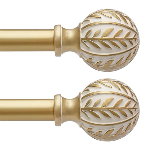 QDWIS 2 Pack Gold Curtain Rods for Windows 28 to 48 inch,1" Adjustable Heavy Duty Window Curtain Rod with Leaf Finials,Rustic Decorative Drapery Rods Set,Size:18-60'' - Image 1