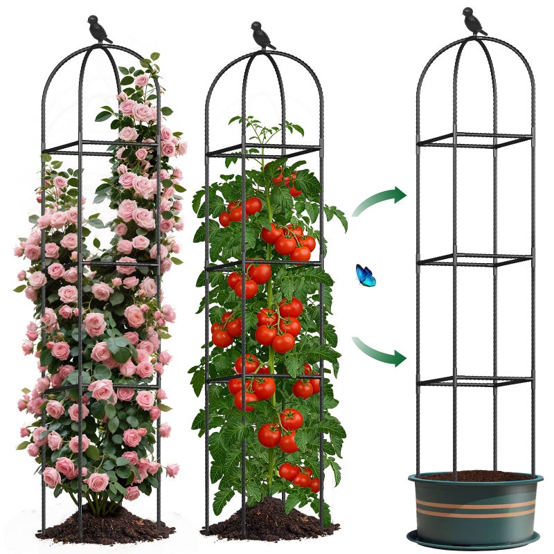 CL FUN Square Tomato Cages for Garden, 6.2 FT Cucumber Trellis for Flowers, Grape, Pea, Rose, Bean, Rustproof Plastic Coated Metal Plant Support for Potted Plants Indoor Outdoor - 2PC Obelisk Trellis - Image 1