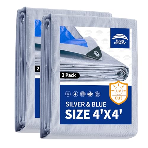 RAINDEWAY Small Tarps Waterproof 4x4 Feet（Pack of 2） 5.5 Mil Thick, Multipurpose Waterproof Poly Tarp Cover，Camping Tarpaulin Silver/Blue Tarp Finished Size - Image 1