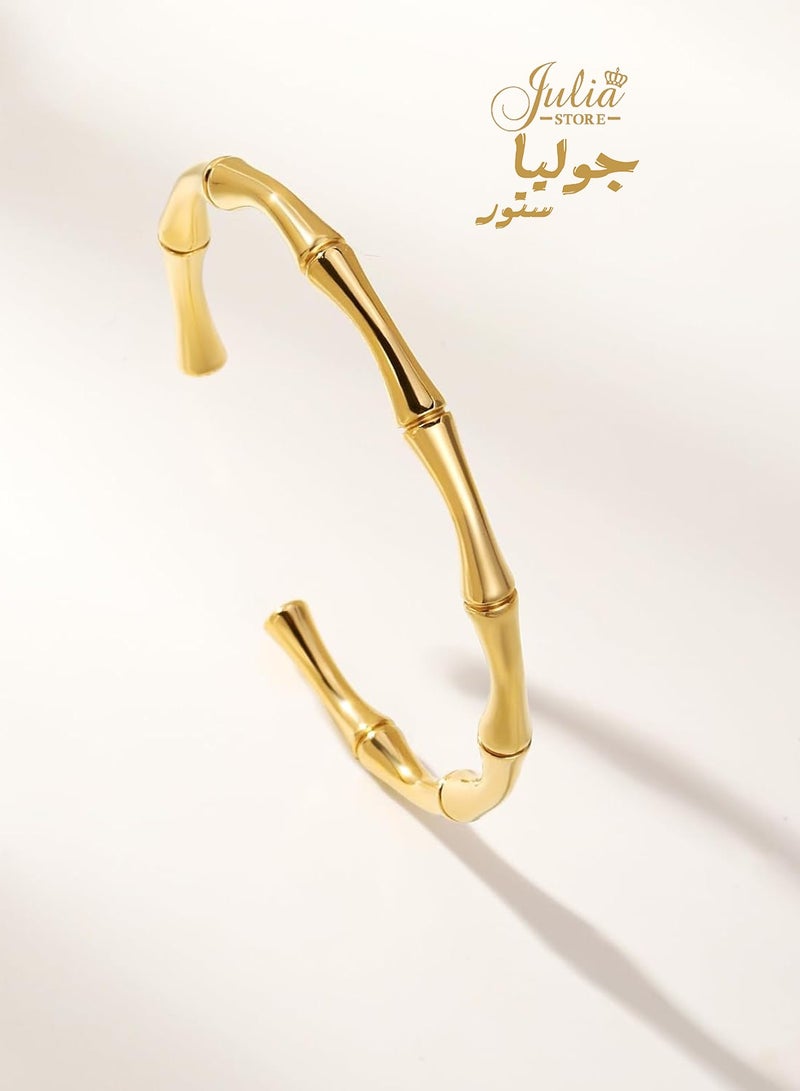 Julia Store 18K Gold Plated 316L stainless steel Bamboo Bracelet Bangle Bracelets for Women Adjustable Charm Bracelets Simple Thin Cuff Bangle Fashion Hook Bracelet - Image 1