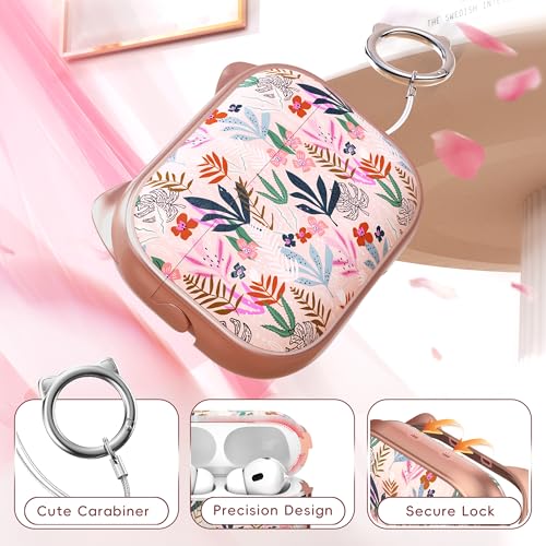 MHYALUDO for AirPods Pro 2 Case with Cleaning Kit, Cute Cat Ear Print Design & Cute Buckle for Girls, Phone Holder & Top Safe Lock Buckle Design for AirPods Pro 2nd/1st Gen case, Rose Gold Leaves - Image 5
