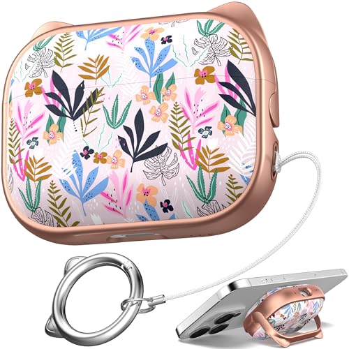 MHYALUDO for AirPods Pro 2 Case with Cleaning Kit, Cute Cat Ear Print Design & Cute Buckle for Girls, Phone Holder & Top Safe Lock Buckle Design for AirPods Pro 2nd/1st Gen case, Rose Gold Leaves - Image 1