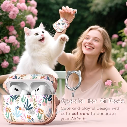 MHYALUDO for AirPods Pro 2 Case with Cleaning Kit, Cute Cat Ear Print Design & Cute Buckle for Girls, Phone Holder & Top Safe Lock Buckle Design for AirPods Pro 2nd/1st Gen case, Rose Gold Leaves - Image 3