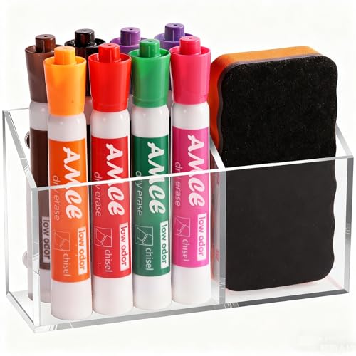 Ameceres Magnetic Pen Holder Classroom Organization Acrylic Marker Holder for Whiteboard Refrigerator Locker Accessories Pencil Dry Erase Marker Basket 2 Compartments 1 - Image 1
