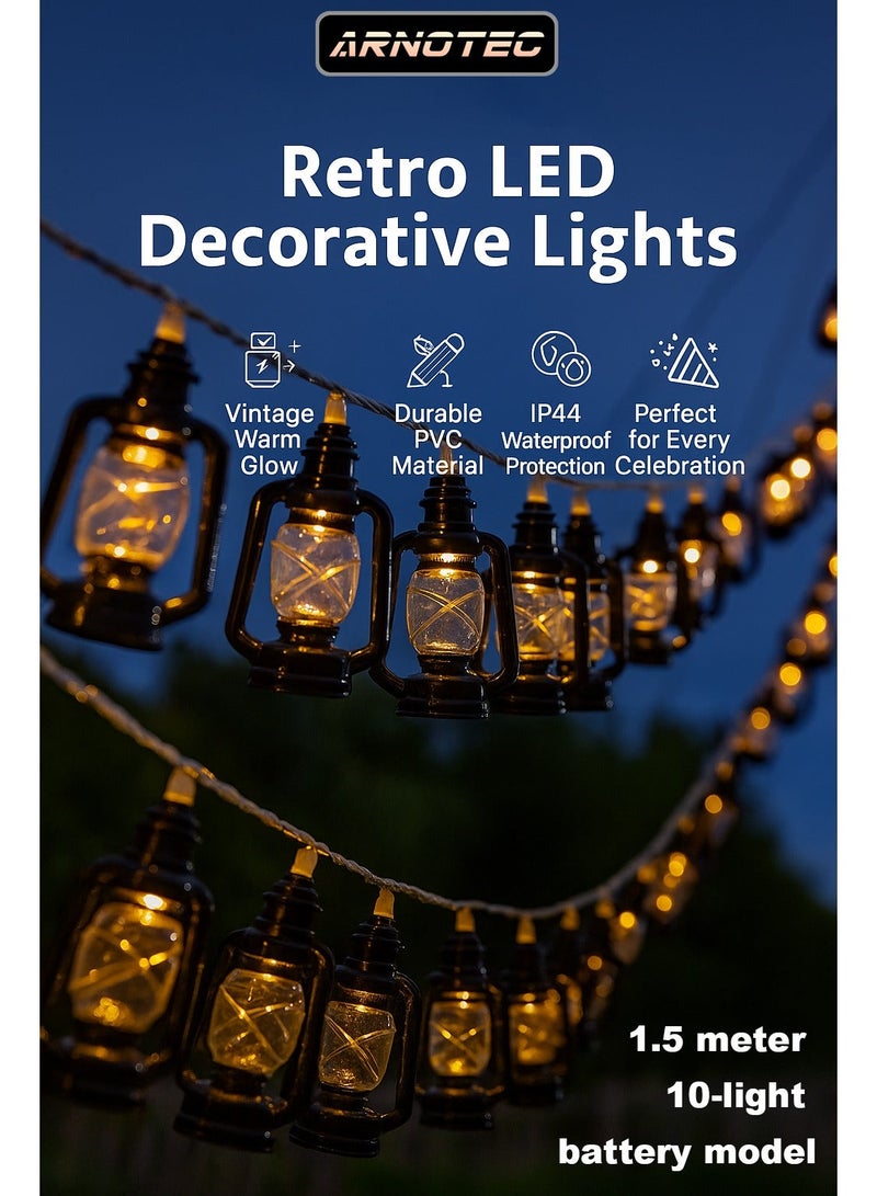 ARNOTEC أضواء خيط LED ريترو 1.5م 10 فوانيس تعمل بالبطارية - دافئ أبيض / ملون، أضواء خرافية مقاومة للماء IP44 من PVC للديكور الداخلي والخارجي، حفلات، حدائق وغرف نوم - Image 1