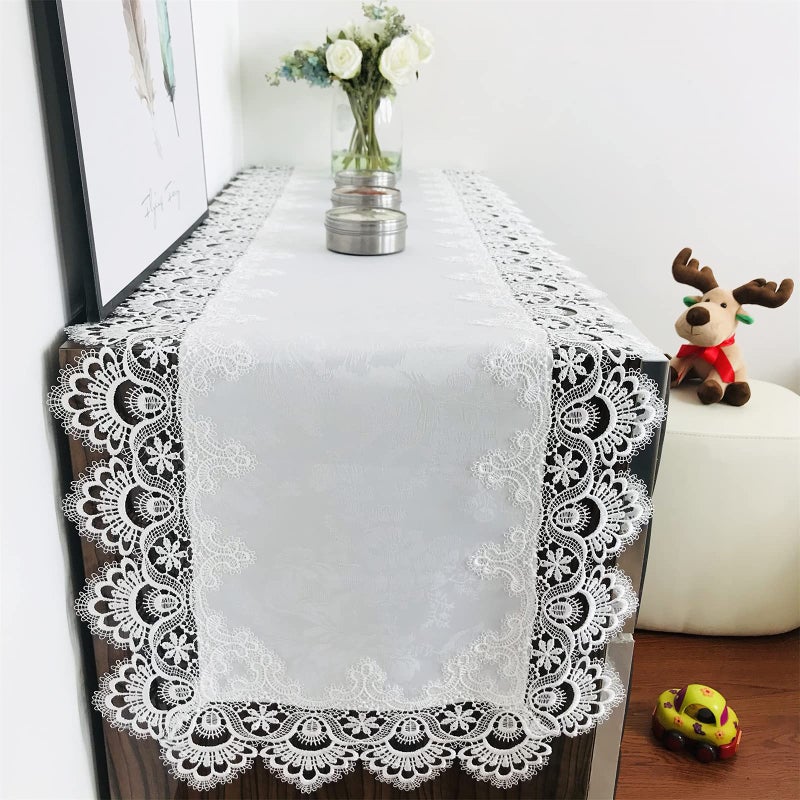 BrekSdat Rectangle Table Runner White Embroidered Lace 16 x 70 Inches Wedding Dining Table Dresser Scarf with Carnation Lace Fabric Washable for Coffee End - Image 2