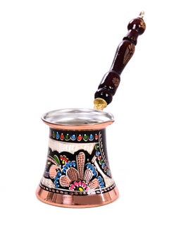 kitchen art Hand-decorated copper coffee or tea pot (copper Arabic Greek Turkish coffee pot with wooden handle), Turkish coffee pot made of copper engraved with flowers in hand-painted colors, made in Istanbul, Turkey  - Image 1