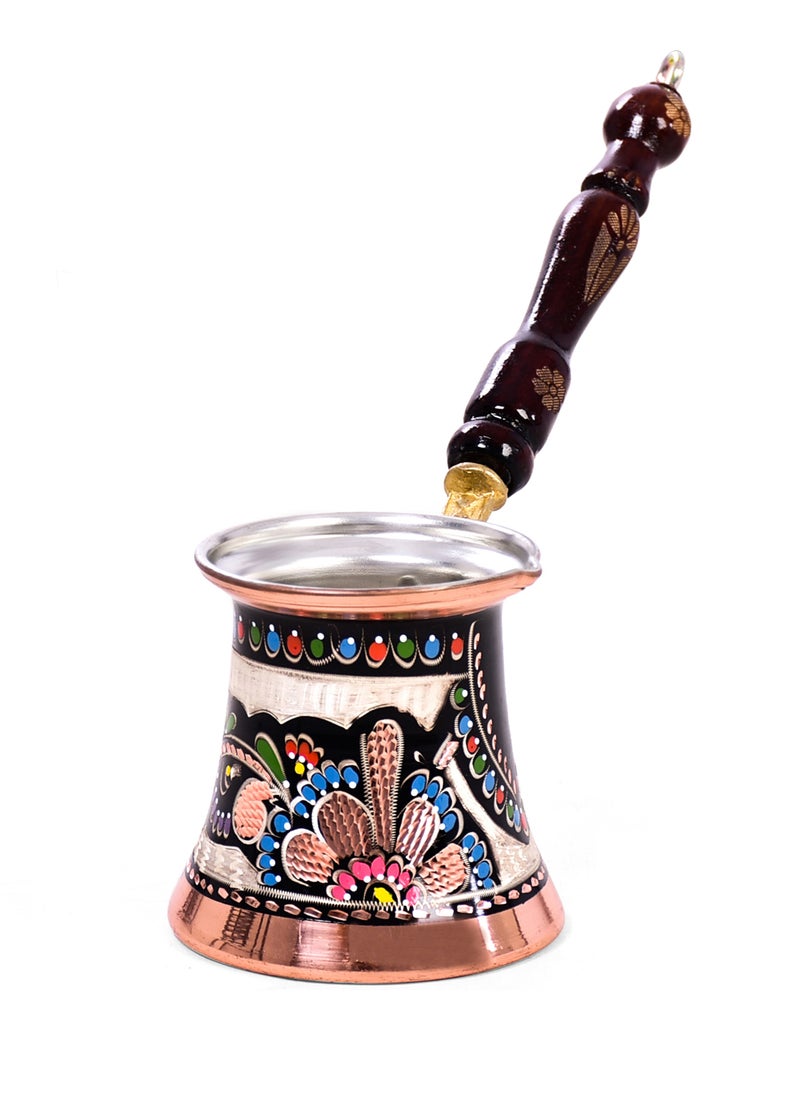 kitchen art Hand-decorated copper coffee or tea pot (copper Arabic Greek Turkish coffee pot with wooden handle), Turkish coffee pot made of copper engraved with flowers in hand-painted colors, made in Istanbul, Turkey  - Image 1