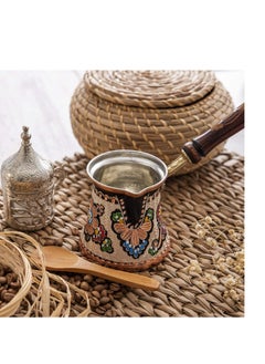 kitchen art Hand-decorated copper coffee or tea pot (copper Arabic Greek Turkish coffee pot with wooden handle), Turkish coffee pot made of copper engraved with flowers in hand-painted colors, made in Istanbul, Turkey  - Image 2