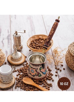 kitchen art Hand-decorated copper coffee or tea pot (copper Arabic Greek Turkish coffee pot with wooden handle), Turkish coffee pot made of copper engraved with flowers in hand-painted colors, made in Istanbul, Turkey  - Image 3