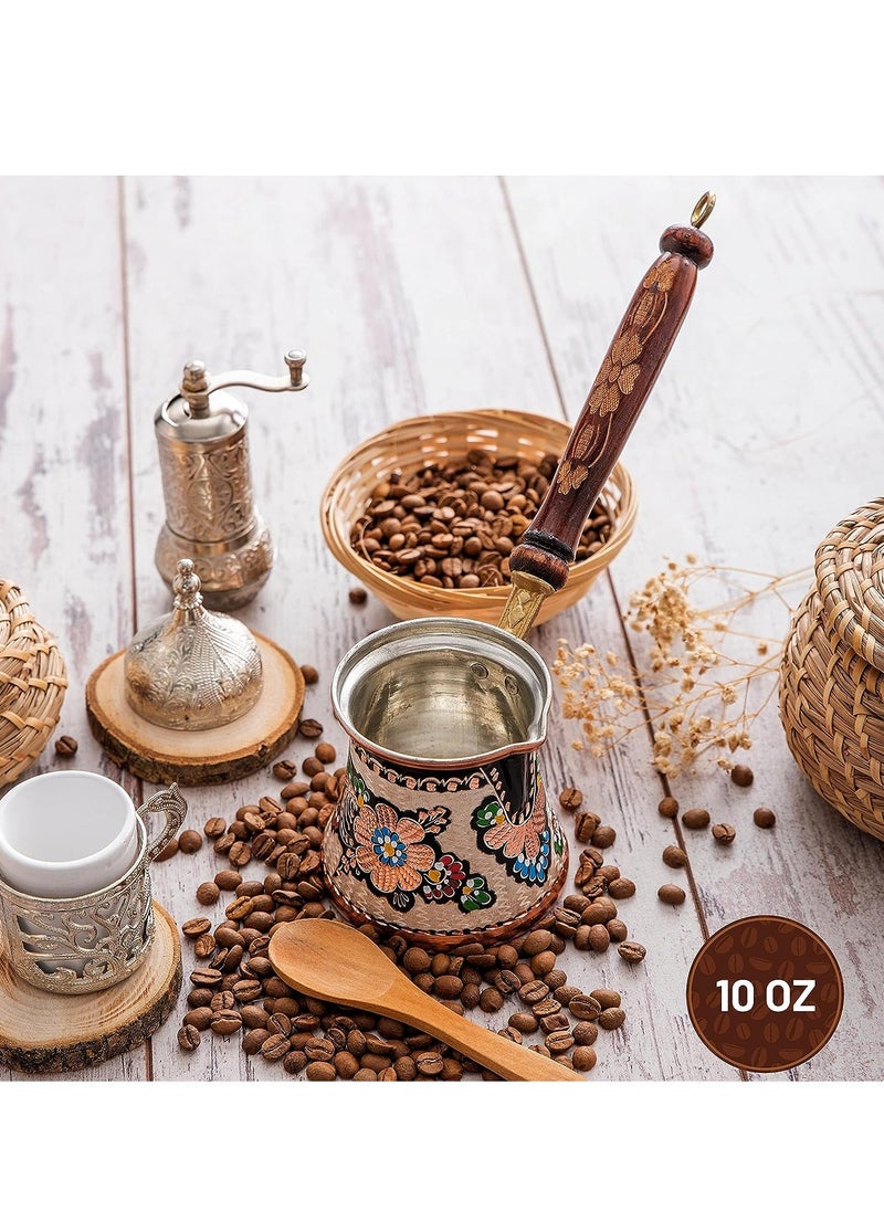 kitchen art Hand-decorated copper coffee or tea pot (copper Arabic Greek Turkish coffee pot with wooden handle), Turkish coffee pot made of copper engraved with flowers in hand-painted colors, made in Istanbul, Turkey  - Image 3