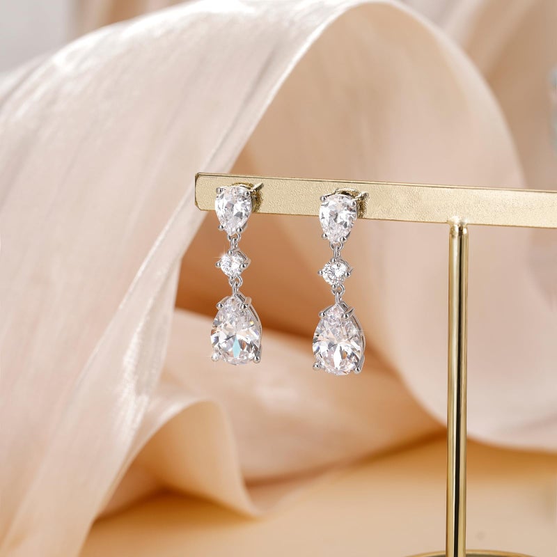 EAMTI Wedding Earrings for Brides Dangle Cubic Zirconia Pear Cut 925 Sterling Silver Post Engagement Earrings for Women - Image 5