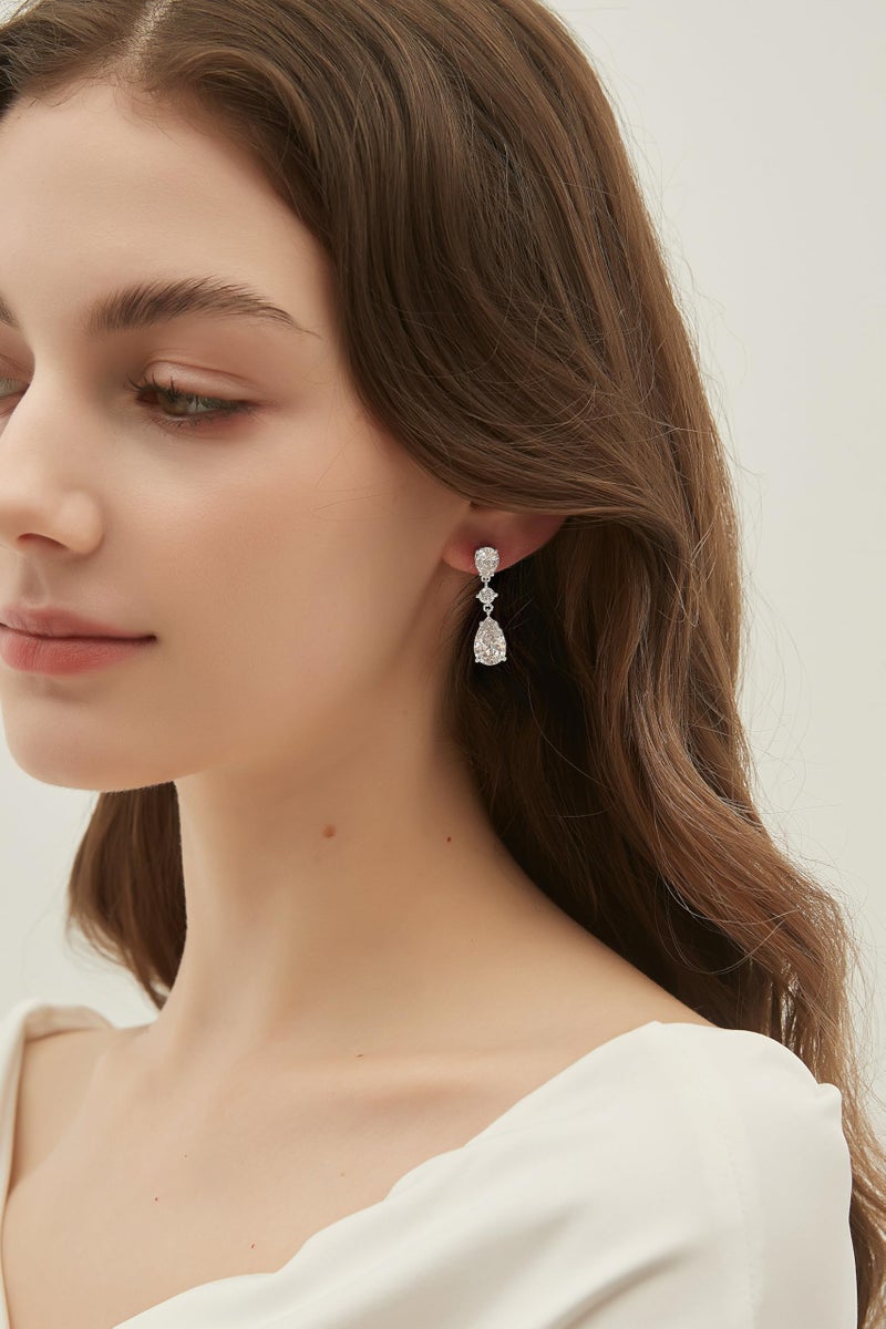 EAMTI Wedding Earrings for Brides Dangle Cubic Zirconia Pear Cut 925 Sterling Silver Post Engagement Earrings for Women - Image 3