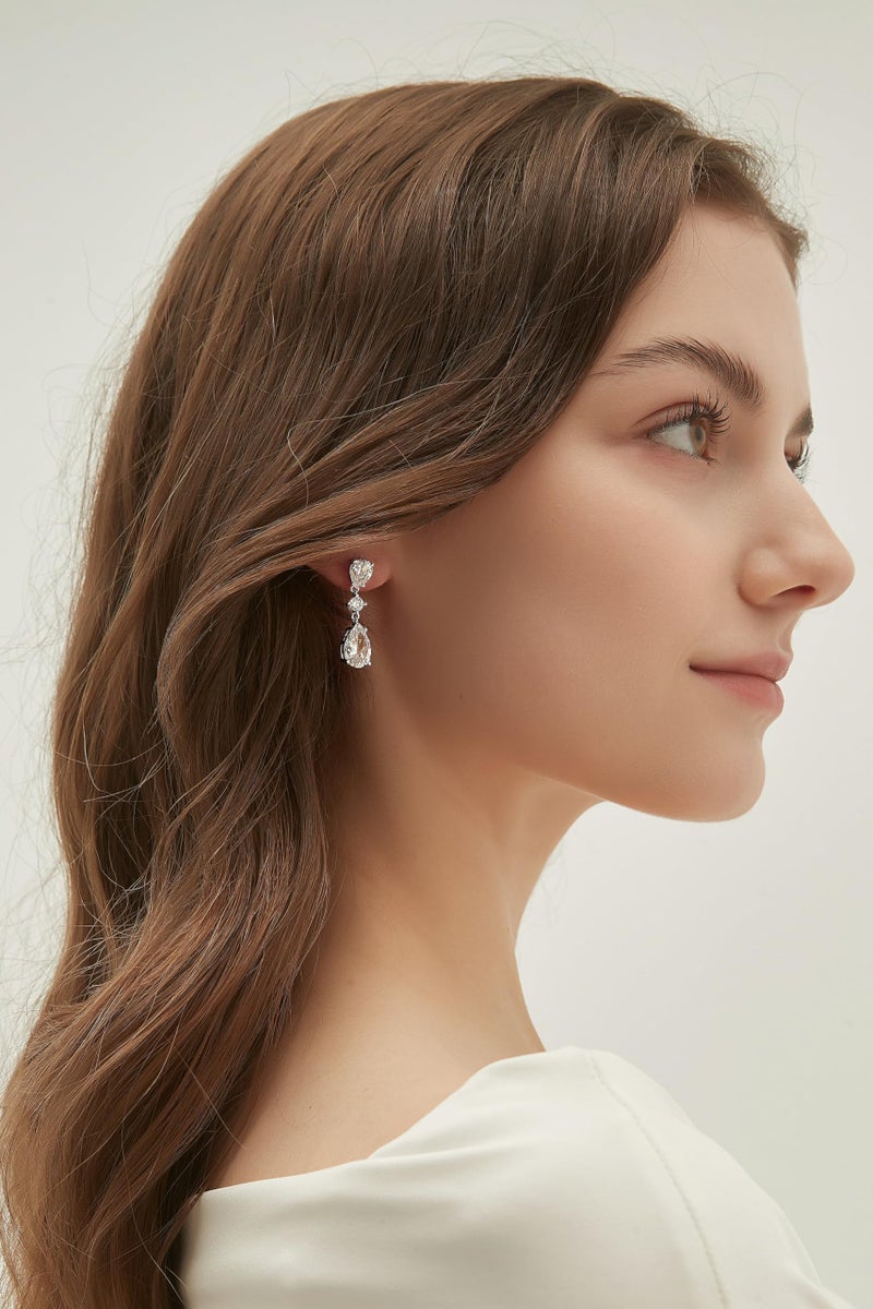 EAMTI Wedding Earrings for Brides Dangle Cubic Zirconia Pear Cut 925 Sterling Silver Post Engagement Earrings for Women - Image 2