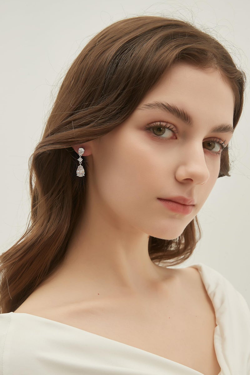 EAMTI Wedding Earrings for Brides Dangle Cubic Zirconia Pear Cut 925 Sterling Silver Post Engagement Earrings for Women - Image 4