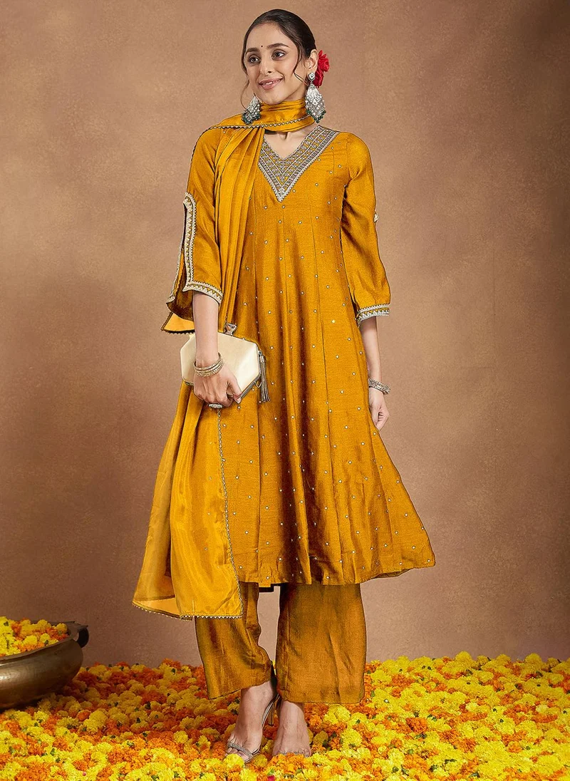 ZERESOUQ Mustard Silk Blend Embroidered 3-Piece Kurta Set