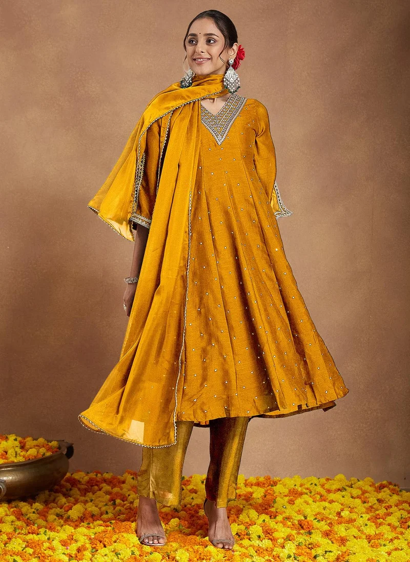 ZERESOUQ Mustard Silk Blend Embroidered 3-Piece Kurta Set