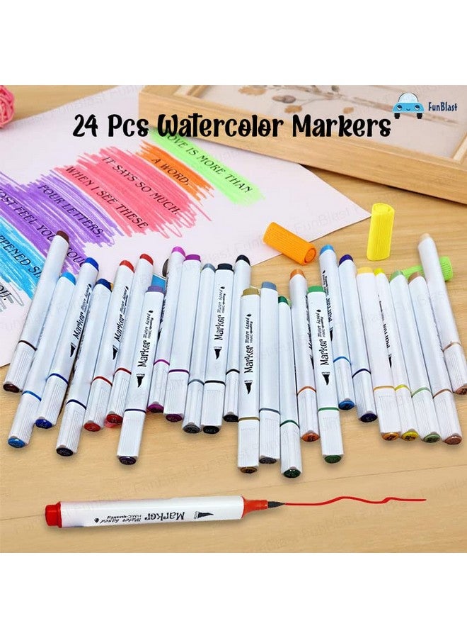 فنبلاست أقلام تلوين مائية من FunBlast للفنانين - مجموعة تلوين أقلام تلوين فنية، أقلام تلوين رفيعة، أقلام تلوين مائية للخط والرسم ودفتر تلوين ومجلة فنية (24 قطعة)، متعددة الألوان - Image 4