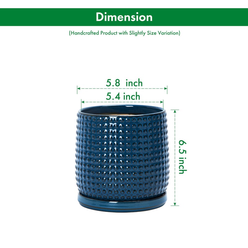 D'vine Dev Set of 2 Ceramic Plants Pots, 6 Inch Beaded Stoneware Flower Pot for Plants with Drainage Hole and Saucer, Midnight Blue, 27-E-X-3 - Image 2