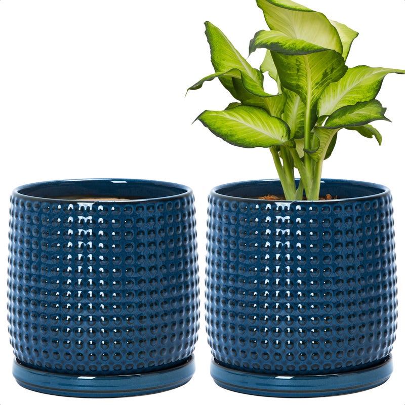 D'vine Dev Set of 2 Ceramic Plants Pots, 6 Inch Beaded Stoneware Flower Pot for Plants with Drainage Hole and Saucer, Midnight Blue, 27-E-X-3 - Image 1