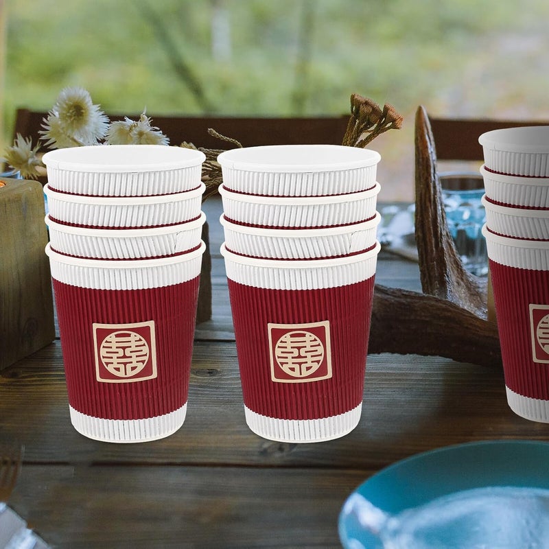 20pcs 9oz Thickened Red Paper Wedding Tea Cups Disposable Beverage Drinkware for Chinese Wedding Banquet Party round Double Happiness Stickers - Image 5