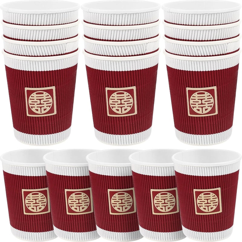 20pcs 9oz Thickened Red Paper Wedding Tea Cups Disposable Beverage Drinkware for Chinese Wedding Banquet Party round Double Happiness Stickers - Image 1