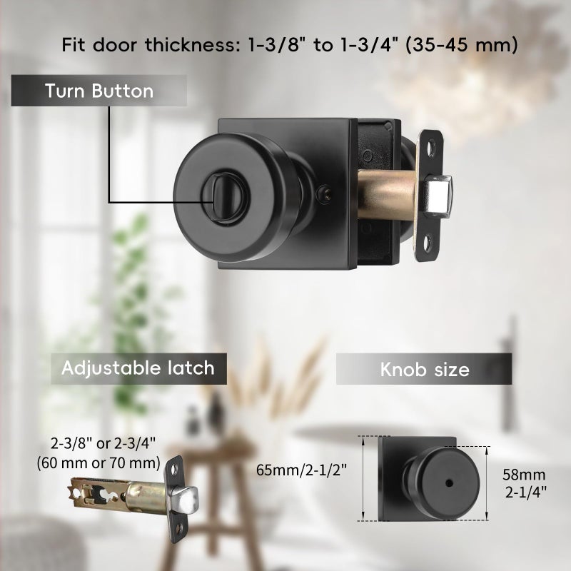 NCSEN 6 Pack Black Interior Door Knobs for Bath & Bed, Pismo Doorknob Turn Lock with Square Rosette, Heavy Duty Privacy Door Knob with Lock - Image 4