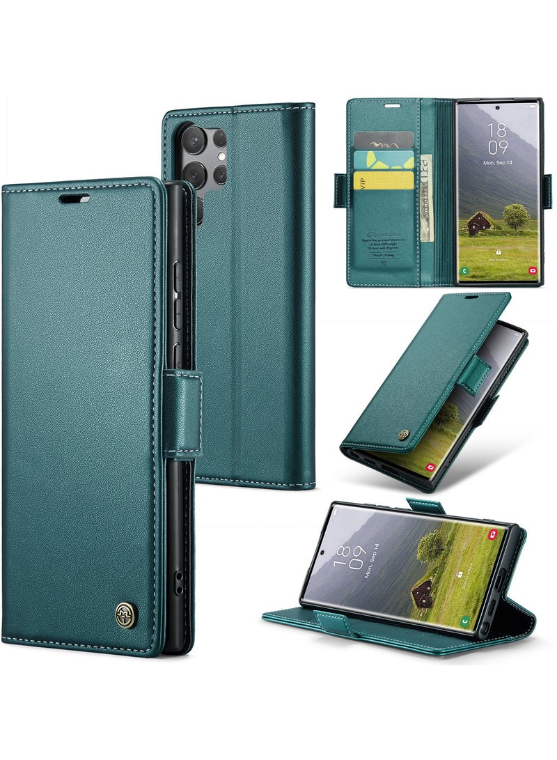 CaseMe Phone Case Luxury PU Leather Design Anti Fingerprint 023 Flip Cover Card Slot Holder Cover For Samsung Galaxy S25 Ultra (Green) - Image 1