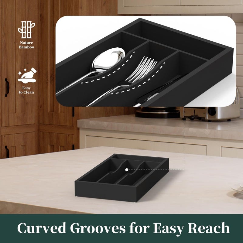 BEKVEM Small Silverware Organizer, Bamboo Kitchen Drawer Organizer, Utensil Holder, Cutlery Tray & Spoon Flatware Storage with Grooved Drawer Dividers (Black, 6.7''W x 12''D) - Image 3