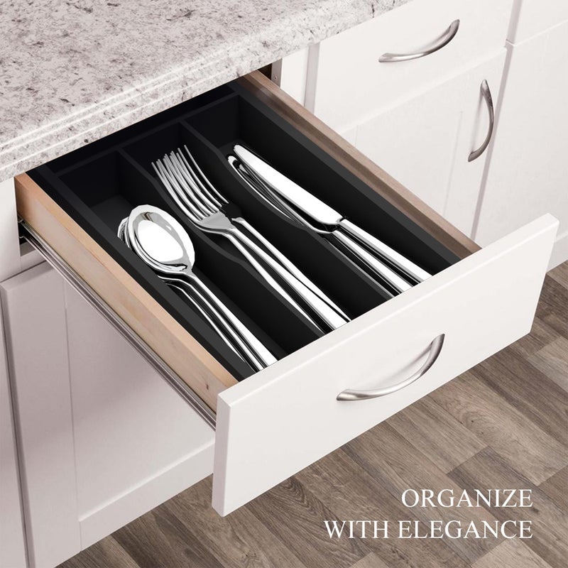 BEKVEM Small Silverware Organizer, Bamboo Kitchen Drawer Organizer, Utensil Holder, Cutlery Tray & Spoon Flatware Storage with Grooved Drawer Dividers (Black, 6.7''W x 12''D) - Image 5
