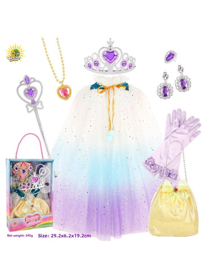 Children Girl Play Queen Cape Scepter Crown Princess Bag Necklace Earrings Ring 9 Piece Set-Specifications:SP10-5A White Gradient (display Box)  - Image 1