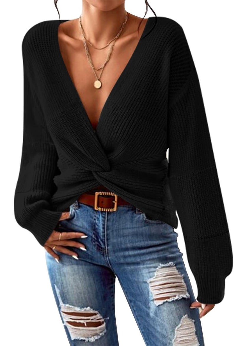 Pink Queen Sexy Sweaters for Women Winter Vacation Teens Long Balloon Sleeve Deep V Neck Soft Solid Pullover Jumper Crop Tops Black S - Image 1