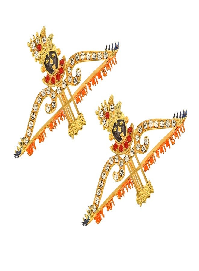 Inites (Pack Of 2 Pcs) Diamond Nug Engraved Metal Barbarika Ji Face Hare Ka Sahara Baba Khatu Shyam Hamara Teen Baan Dhanush Design Lapel Pin Brooch For Wedding & Parties - Image 1