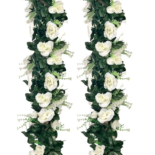 Luerbi 4Pcs 28Ft White Rose Garland, Fake Flower Vines, Artificial Vine Flowers, Rose Hanging Garland for Party Wedding, Garden, Room Table, Christmas, Backdrop Wall Arch Decor - Image 1
