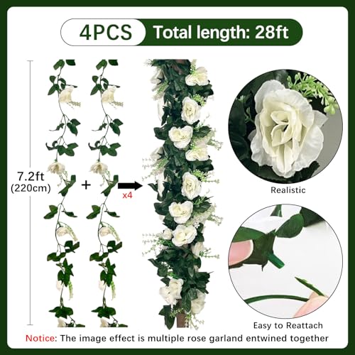 Luerbi 4Pcs 28Ft White Rose Garland, Fake Flower Vines, Artificial Vine Flowers, Rose Hanging Garland for Party Wedding, Garden, Room Table, Christmas, Backdrop Wall Arch Decor - Image 2