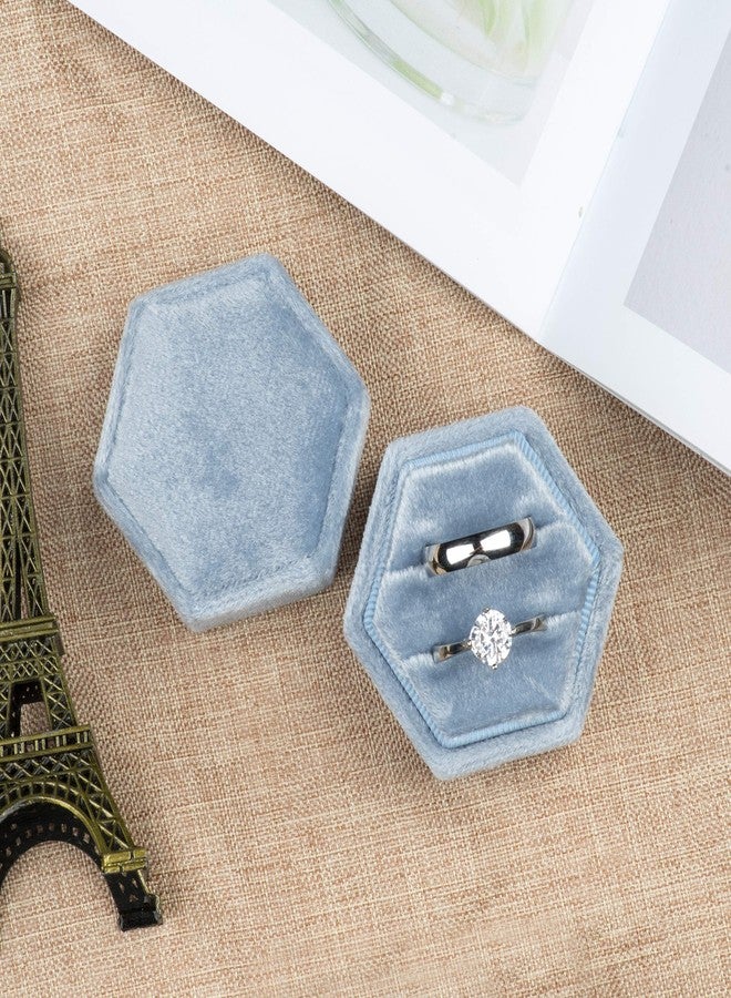 Giftop Premium Velvet Ring Bearer Box for Proposal Engagement Wedding Ceremony - Hexagon Vintage Double Ring Display Holder with Detachable Lid (Light Ocean Blue) - Image 4