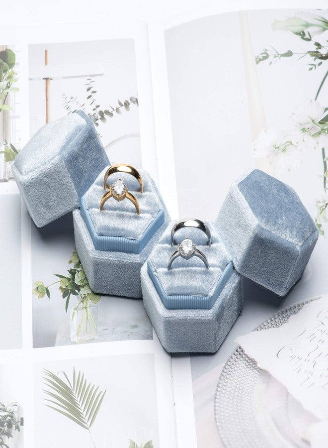 Giftop Premium Velvet Ring Bearer Box for Proposal Engagement Wedding Ceremony - Hexagon Vintage Double Ring Display Holder with Detachable Lid (Light Ocean Blue) - Image 5
