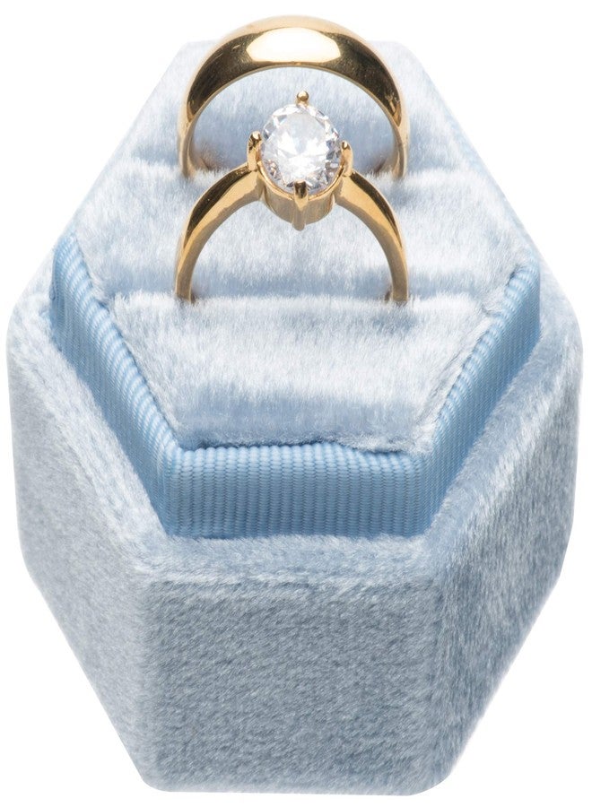 Giftop Premium Velvet Ring Bearer Box for Proposal Engagement Wedding Ceremony - Hexagon Vintage Double Ring Display Holder with Detachable Lid (Light Ocean Blue) - Image 3