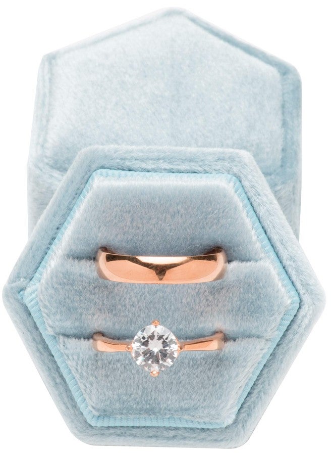 Giftop Premium Velvet Ring Bearer Box for Proposal Engagement Wedding Ceremony - Hexagon Vintage Double Ring Display Holder with Detachable Lid (Light Ocean Blue) - Image 1