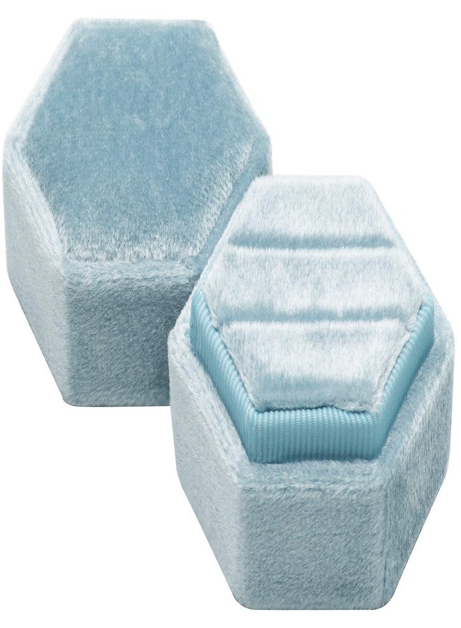 Giftop Premium Velvet Ring Bearer Box for Proposal Engagement Wedding Ceremony - Hexagon Vintage Double Ring Display Holder with Detachable Lid (Light Ocean Blue) - Image 2